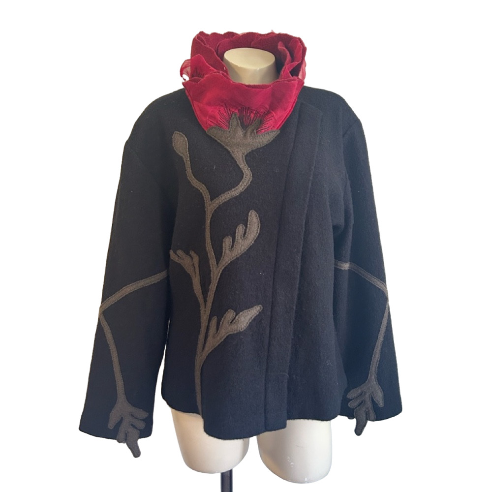 CoVelo Black red floral design Turtleneck zippered wool blazer LRG